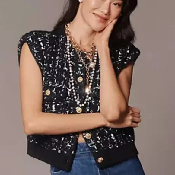 Anthropologie Maeve Button Front Tweed Sweater Vest - Picture 1 of 12